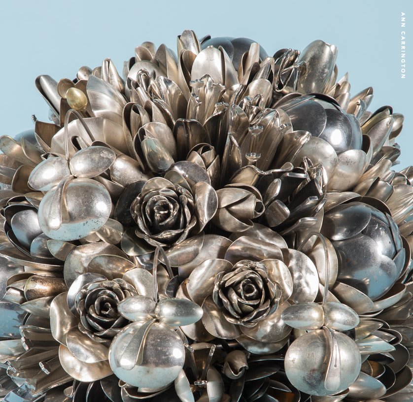 A spring bouquet of roses, tulips, and peonies ... made with silverware!? Stunning sculptures by AnnCarrington on the site today: