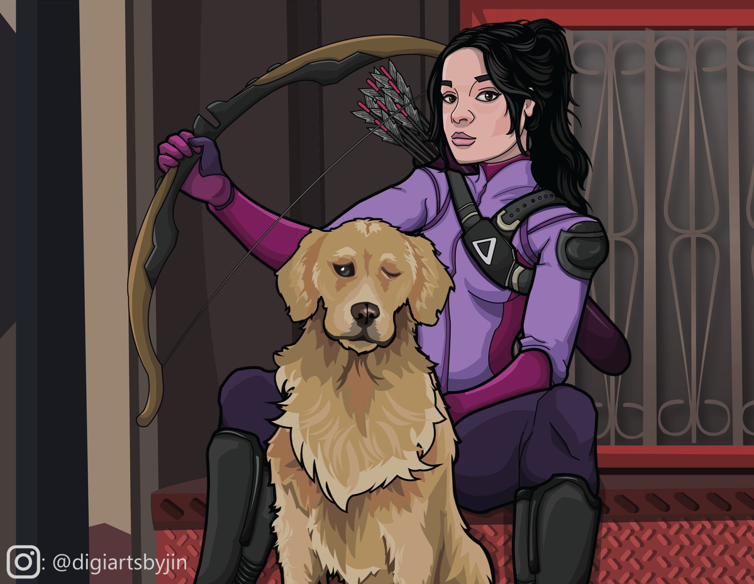 Made this fanart of Kate Bishop with Lucky the pizza dog from the HAWKEYE series! Hope you like it! :)