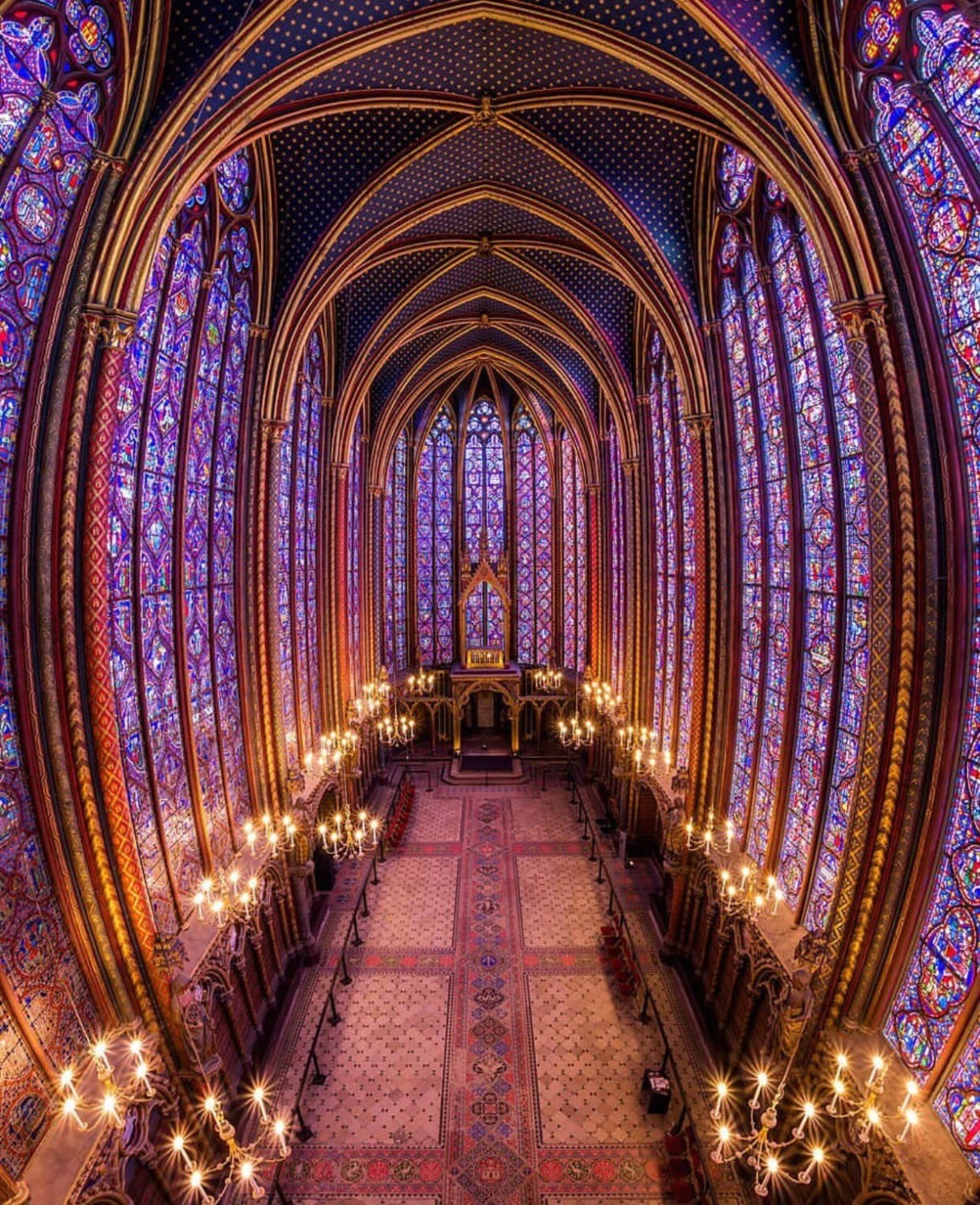 Hall and stained glass windows inside Sainte-Chapelle in Paris, completed in 1248