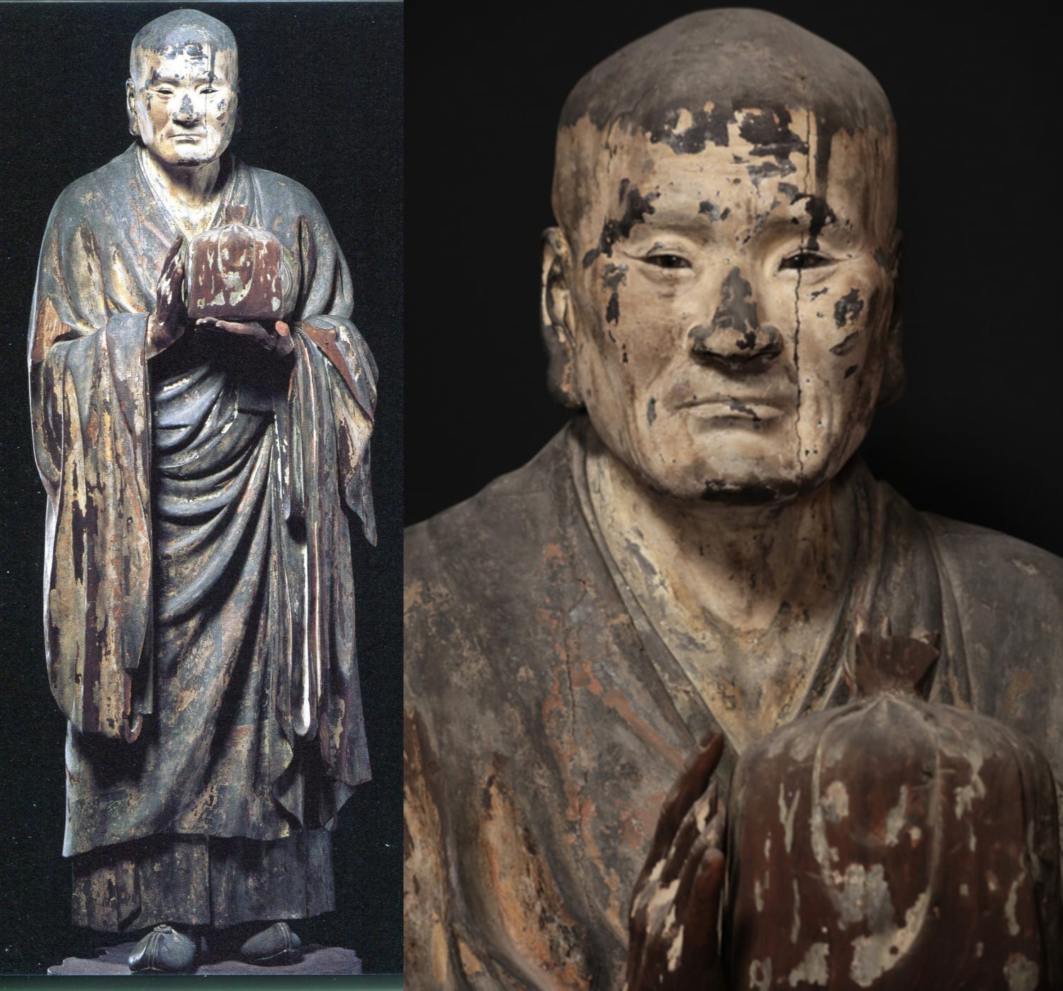 Statue of Asanga (a 4th century CE Indian scholar who is considered one of the most important spiritual figures of Mahayana Buddhism) made by Unkei, Japan's most famous Buddhist sculptor. Wood with paint and inlaid crystal eyes. Kamakura period, 1212 CE, Kōfuku-ji Temple