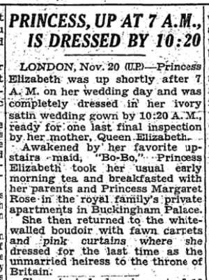 Today in 1947: Britain's Princess Elizabeth, who would later become Queen Elizabeth II, married Philip, Duke of Edinburgh. The Times reported that she was up shortly after 7 am and was dressed in her wedding gown by 10.20 am.