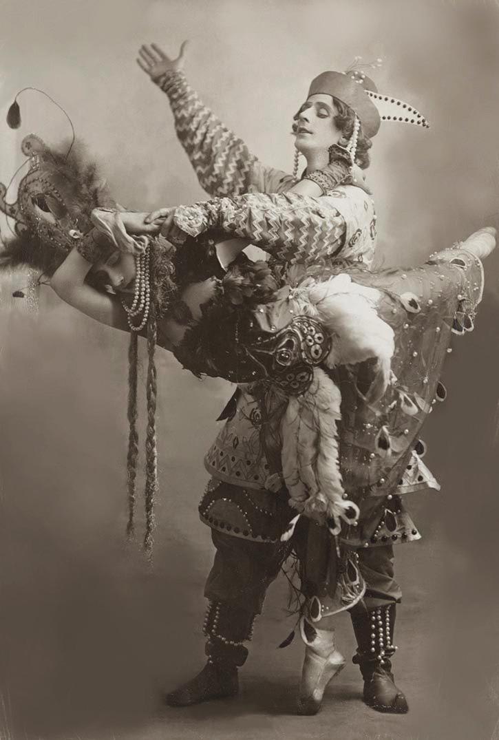 Mikhail Fokine and Tamara Karsavina as Tsarevich Ivan and the Firebird respectively in the premiere of Igor Stravinsky's ballet 'The Firebird', 1910 ,075].