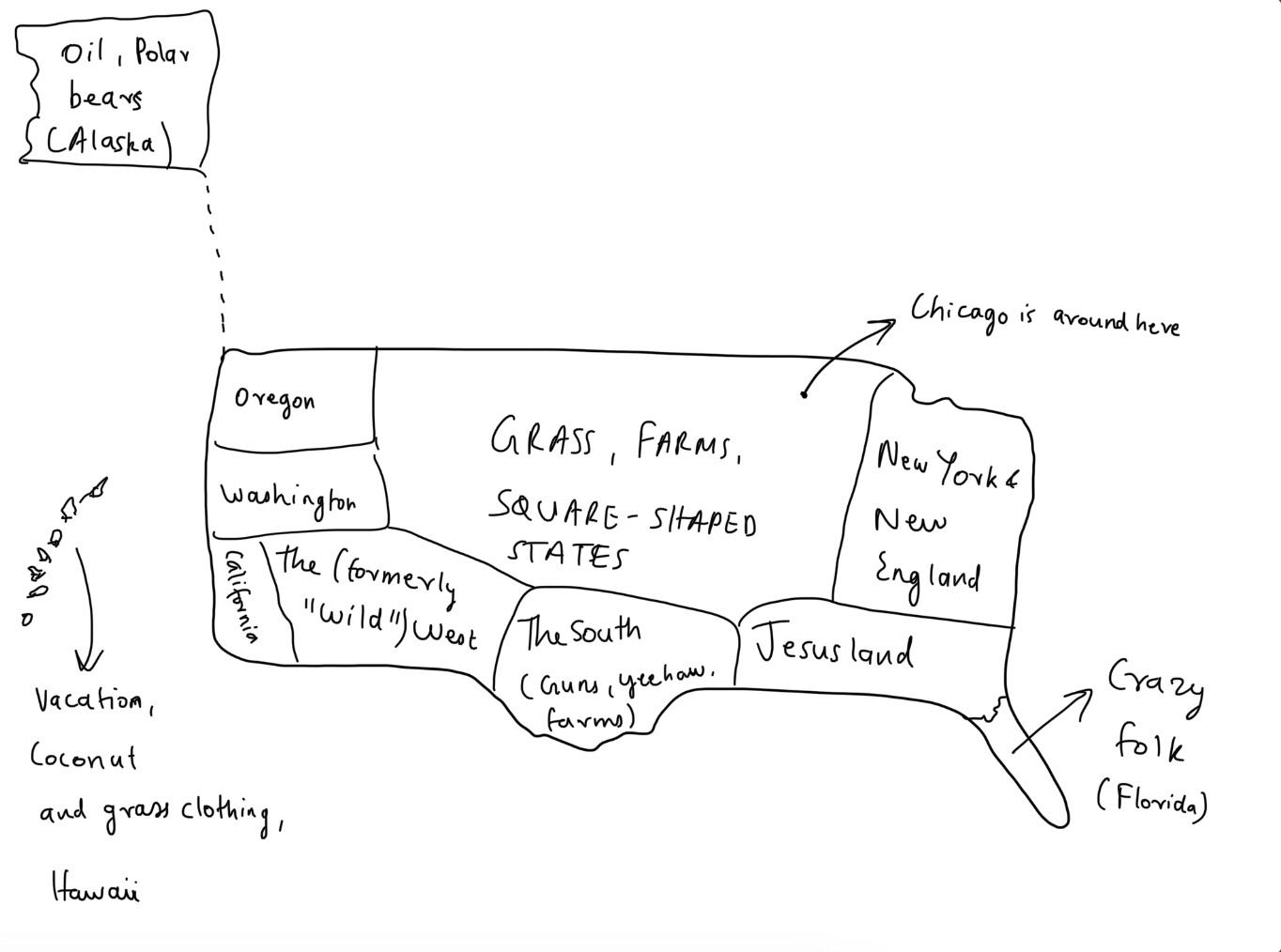 I was challenged to draw a map of the U.S. by a friend. My apologies to any American who sees this.