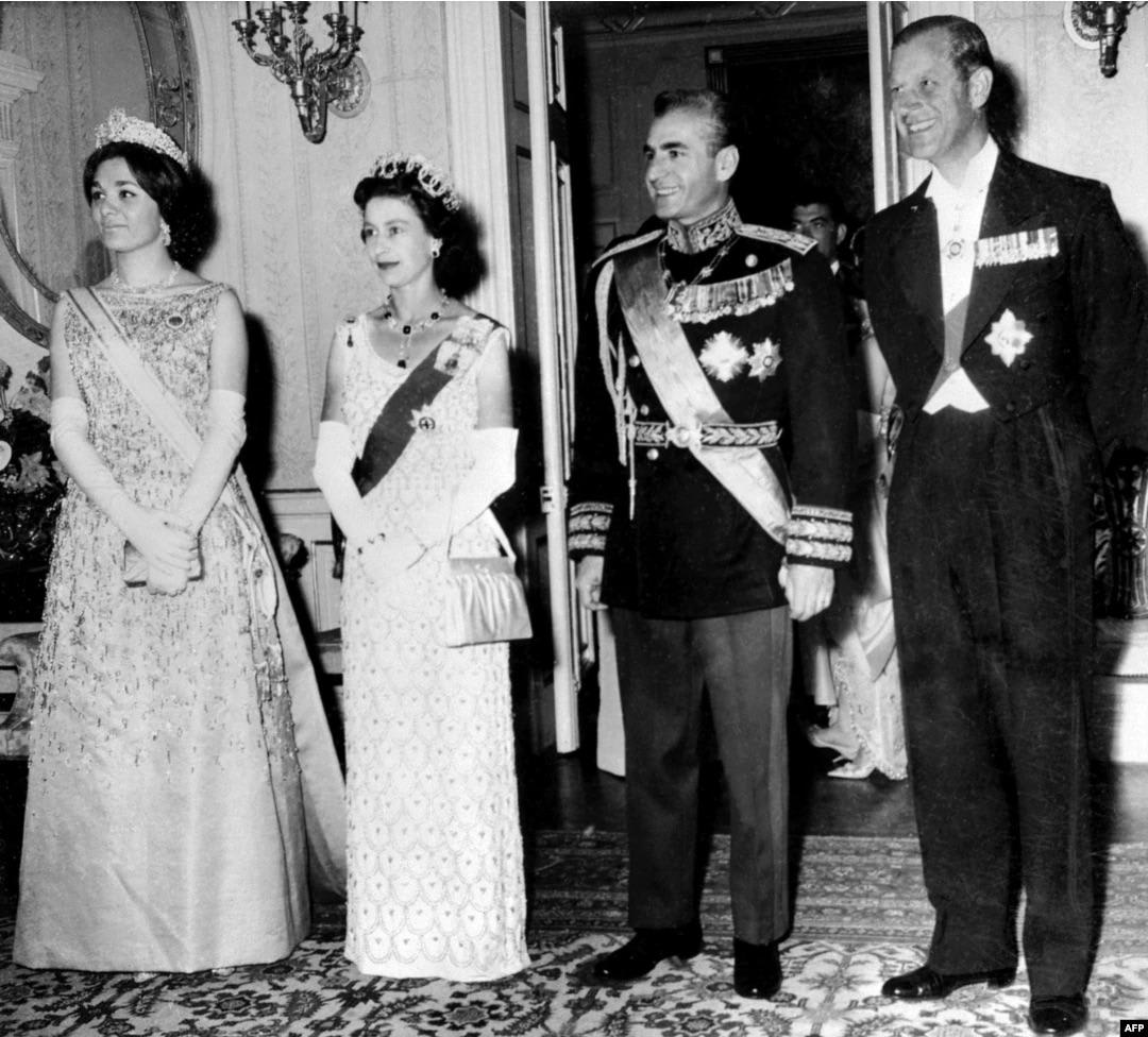 Queen Elizabeth II, Prince Philip Shah of Iran, and last empress Farah on visit to Iran in March 1961