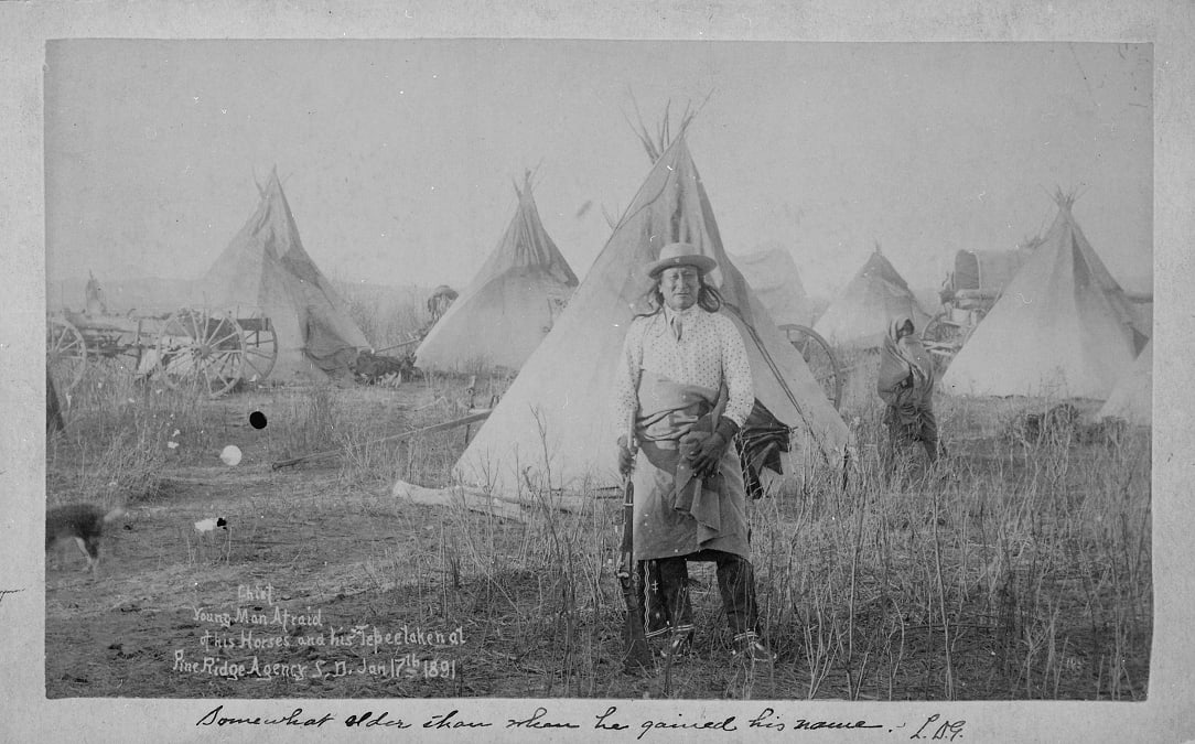 Oglala Sioux chief Young Man Afraid of His Horses (his name is more accurately translated They Fear Even His Horses). Photo taken at Pine Ridge Agency, OTD in 1891