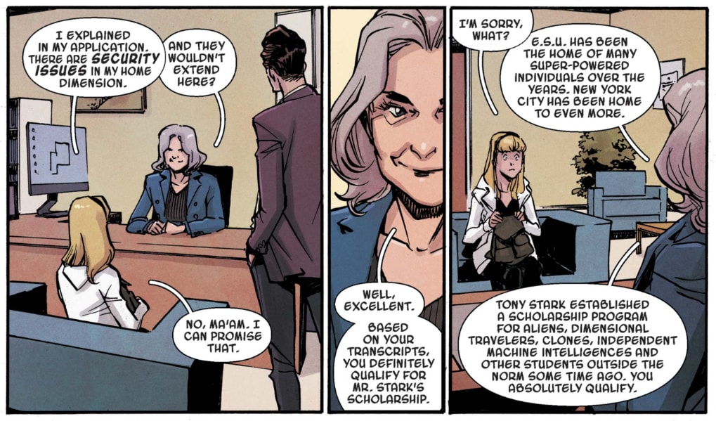 [Excerpt] I love the little details that show how lived-in these comic book worlds are. Sometimes it's superhero branded merchandise, sometimes it's university scholarships specifically made for weird sci-fi travellers (Ghost-Spider #1)
