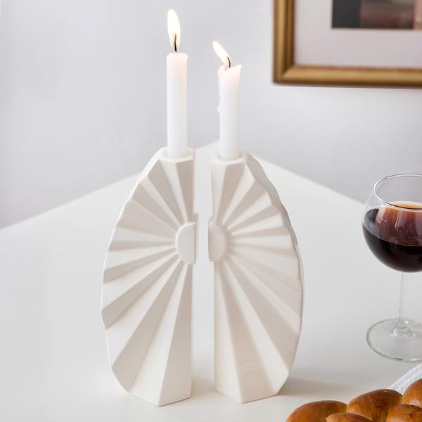 Origami Shabbat candlesticks. White ceramic