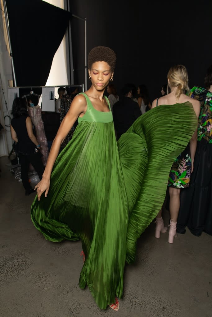 There is no greater muse than the feminist woman 💚 Swipe for BTS looks of @bibhumohapatra’s Spring/Summer 22 collection, which was inspired by feminist artists of the 1970's. Photos by @serichai Show production IMG Focus