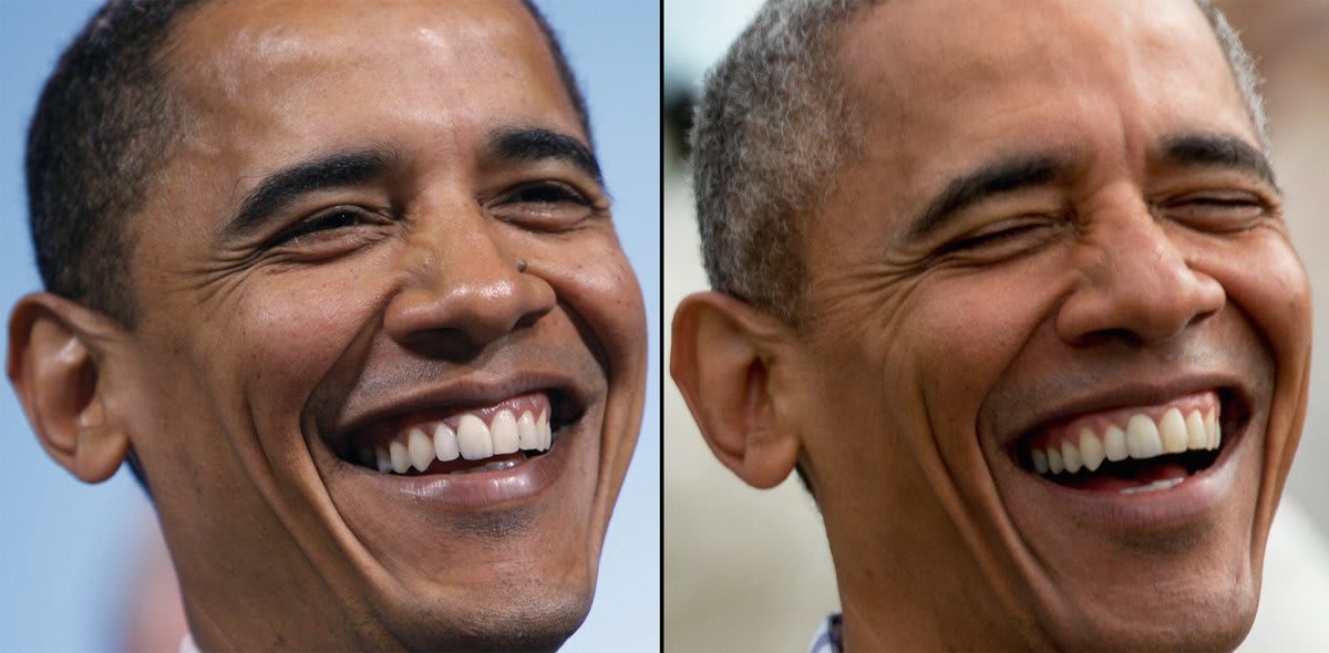 Barack Obama, Then and Now, A set of interactive photo pairs depicting eight years of a presidency - click to fade.