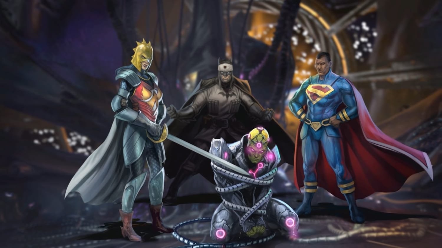 [Video Games] I recognize only one multiverse character here. Batman. He's the alternate version from the Superman: Red Son comic. Can someone tell me who is the Wonder Woman and the Superman? And what comics are they from? (Source: Green Lantern's story tower ending on the Injustice 2 video game.)