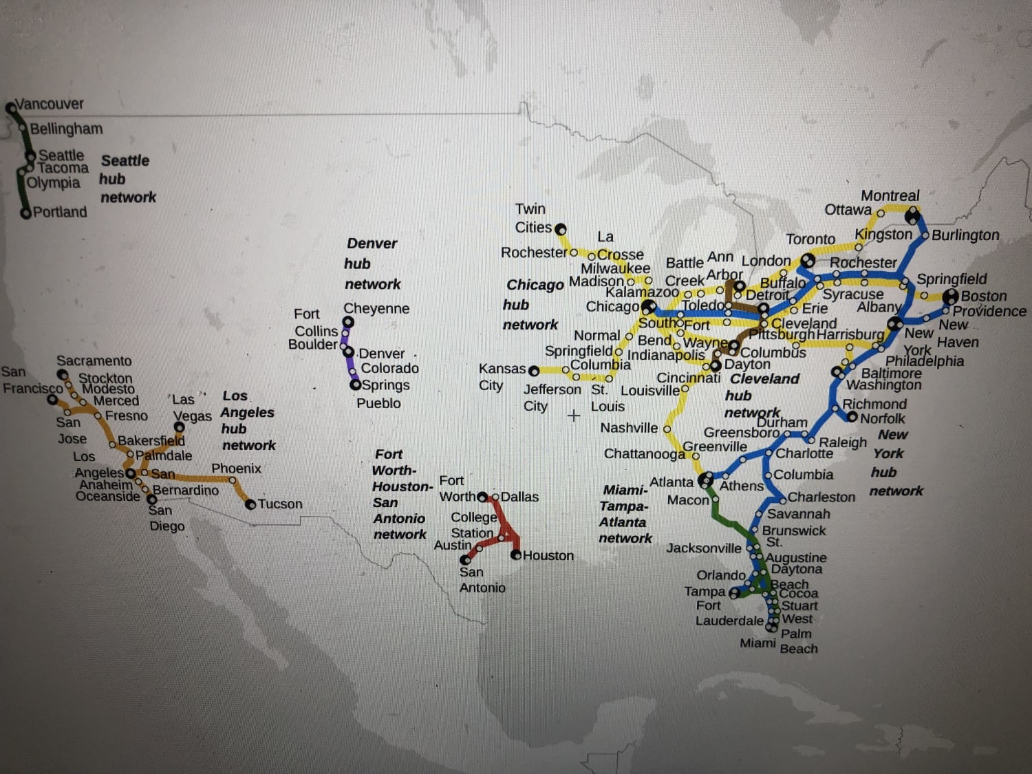 My idea for what a Shinkansen/TGV style high speed rail system could look like in the US. Black dots denote terminus stations. I originally posted this on another community but have since added a couple of updates based on comment feedback.