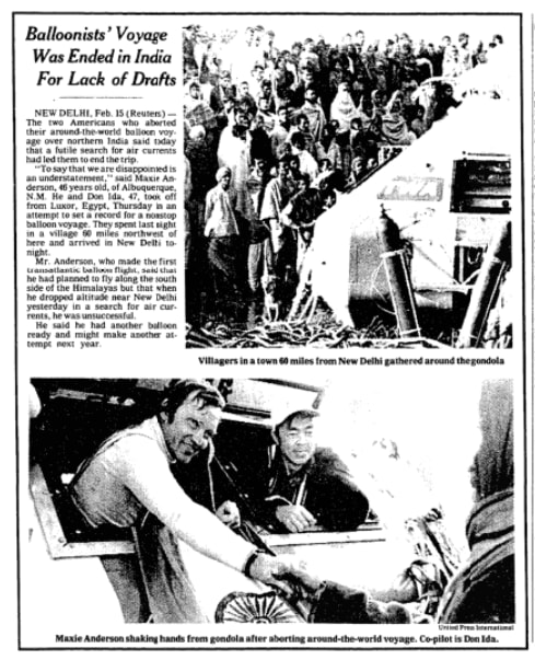 Two Americans who began an attempt to set a record for a nonstop around-the-world hot air balloon voyage said today in 1981 that they had to end the trip because of an unsuccessful search for air currents