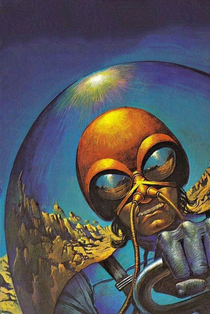 Bruce Pennington has the rare Double Helmet Reflection on a 1973 cover to Asimov’s ‘Space Ranger,’ thanks to a bug-eyed design that also incorporates two discrete oxygen tubes, one for each nostril.