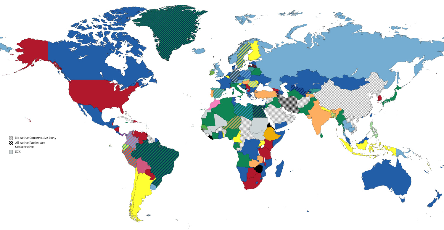 Map of the Colours of Conservative Parties in every Country