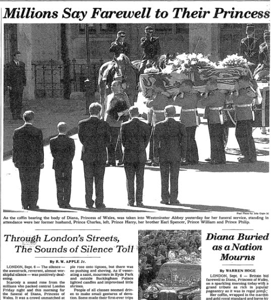 Today in 1997: The funeral service was held for Diana, Princess of Wales. Millions gathered in London's streets and parks while hundreds of millions more watched the service on television