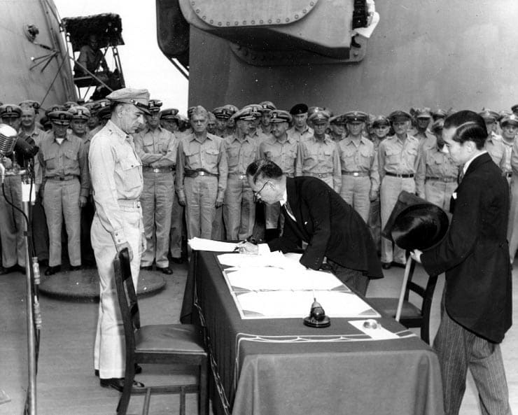 OtD 2 Sep 1945 Japan surrendered, ending WWII. The war is viewed as a victory of democracy over fascism, but the Allies maintained dictatorships after. For example, the US restored Japanese officials to power in Korea and killed thousands of protestors.