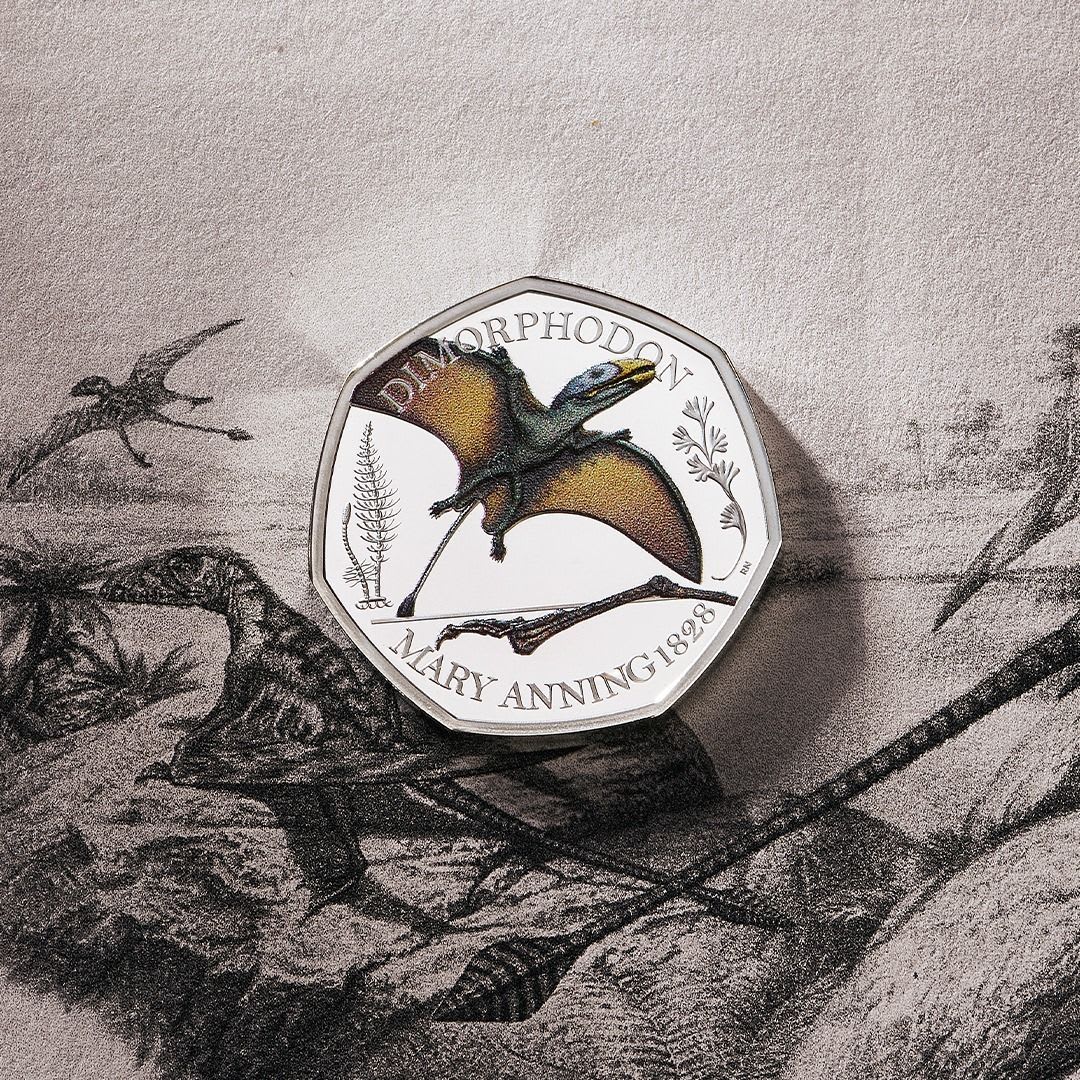 This 50p coin celebrates self-taught paleontologist Mary Anning. Discovered by Anning in 1828, the Dimorphodon was the first pterosaur skeleton to be found outside of Germany. :