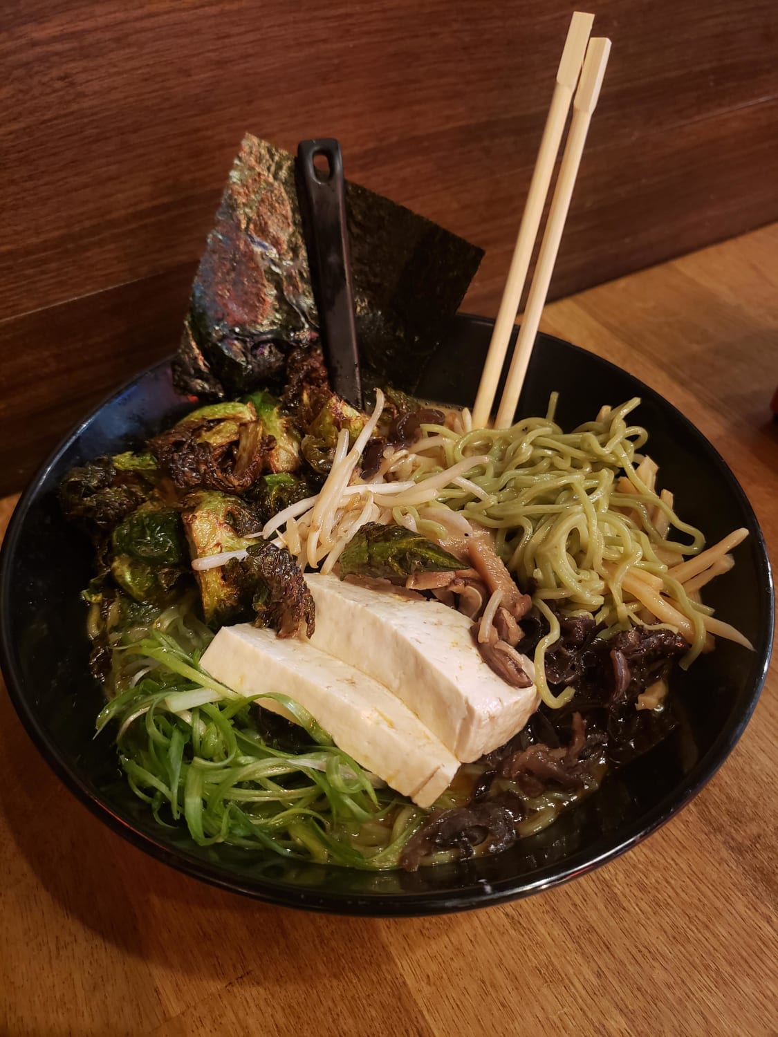 Creamy Vegan Ramen with Kale Ramen Noodles, Brussel Sprout, Tofu, Black and Shitake Mushroom, Green Onion and Bean Sprout!