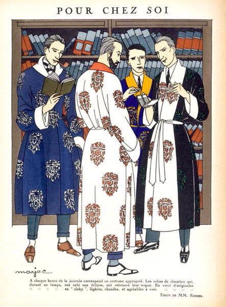 1921 Monsieur magazine ad for dressing gowns, perfect to wear over suits in gentlemens smoking parlors.