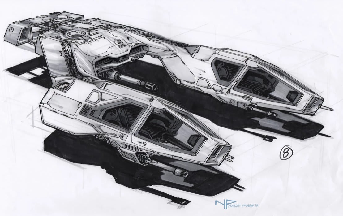 The Rise of Skywalker (2019): (Unused) "Reverse Y" Training Fighter, art & design by @XenoPugh "A master pilot sits in one cockpit and the student in the other. The master pilot is a famous hot-rod ship builder."
