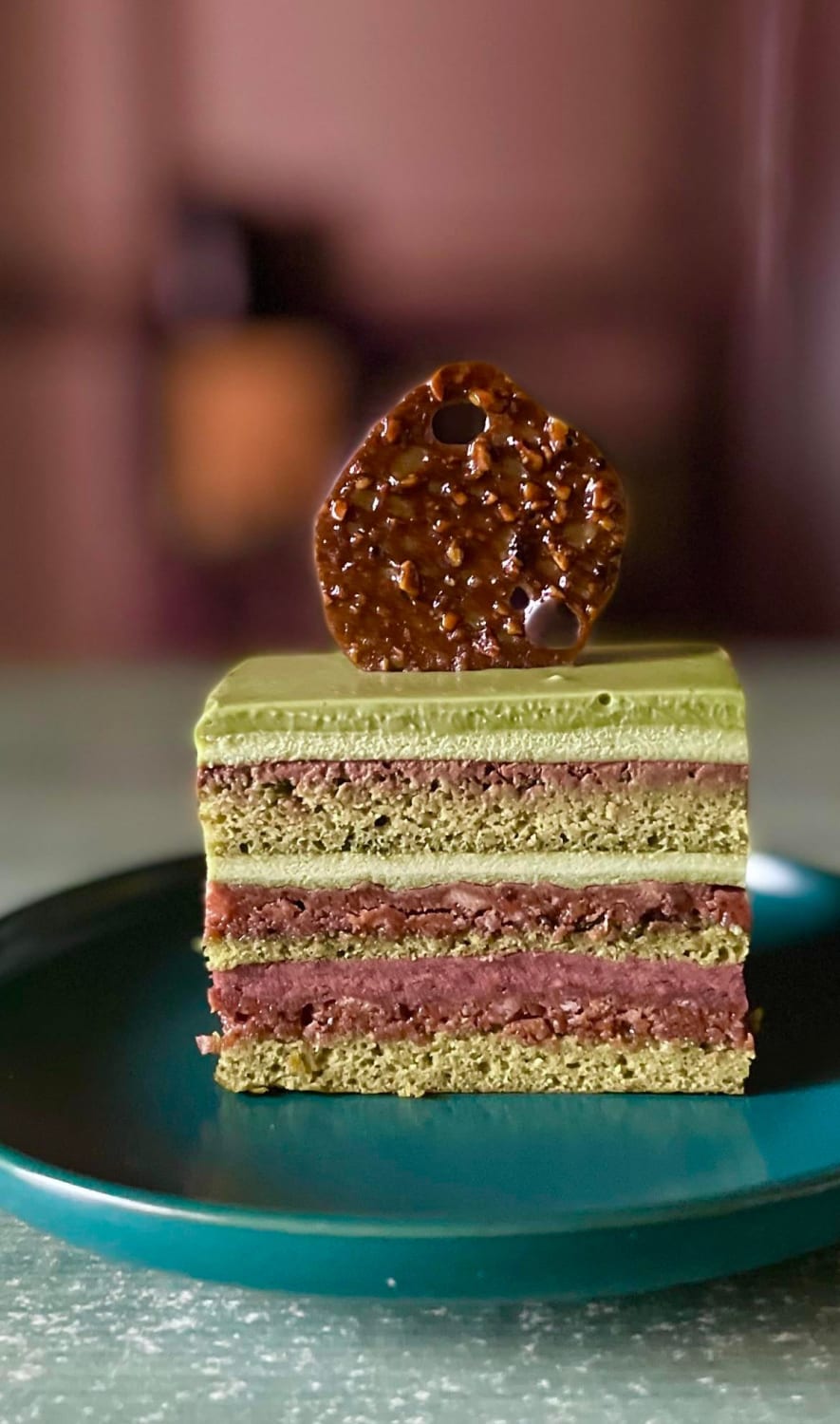 Matcha Opera cake that I made from scratch down to the feuilletine