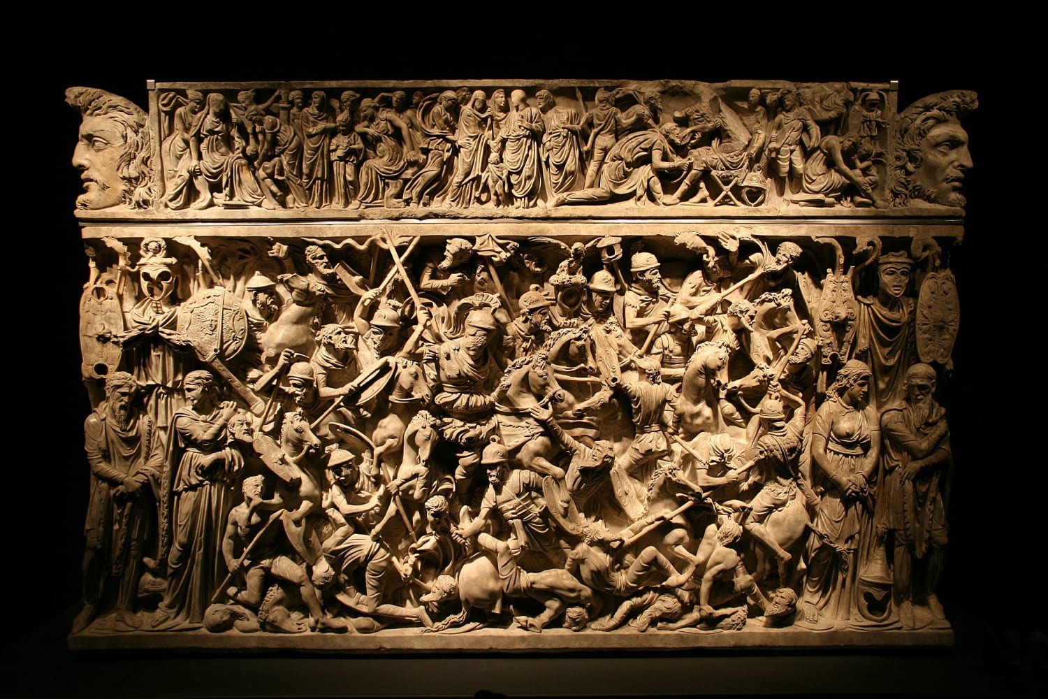 The Portonaccio battle sarcophagus. One of a group of about 25 late Roman battle sarcophagi, this one shows Roman victories over different germanic tribes and dates to between 190 and 200. It was used for the burial of a Roman general involved in the campaigns of Marcus Aurelius.