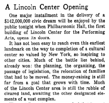 The Philharmonic Hall of the Lincoln Center for the Performing Arts opened in New York on this day in 1962