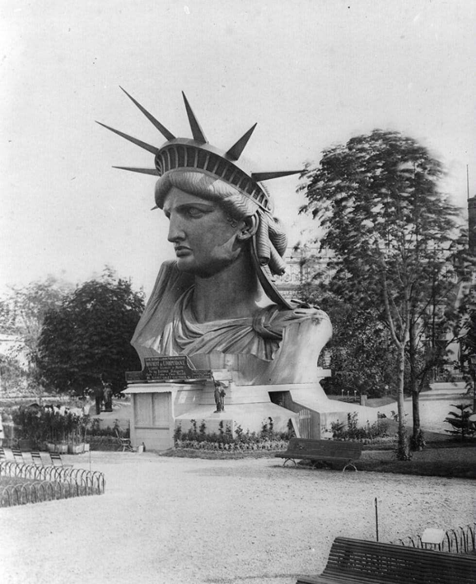The completed head of the Statue of Liberty on display at the third Paris World Fair (Exposition Universelle) in Paris, France in 1878