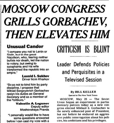After a televised interrogation about his policies, ambitions and privileges, Mikhail Gorbachev was elected as the Soviet Union's president, today in 1989.