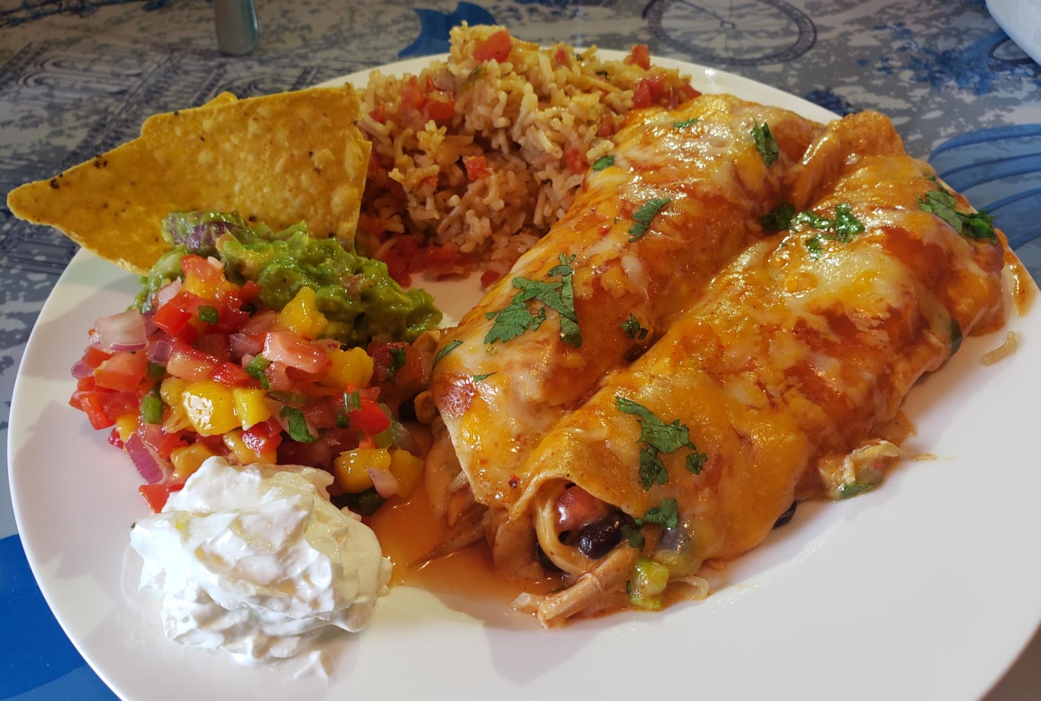 Homemade Enchiladas, Mexican Rice, Mango Habanero Salsa & Guacamole!