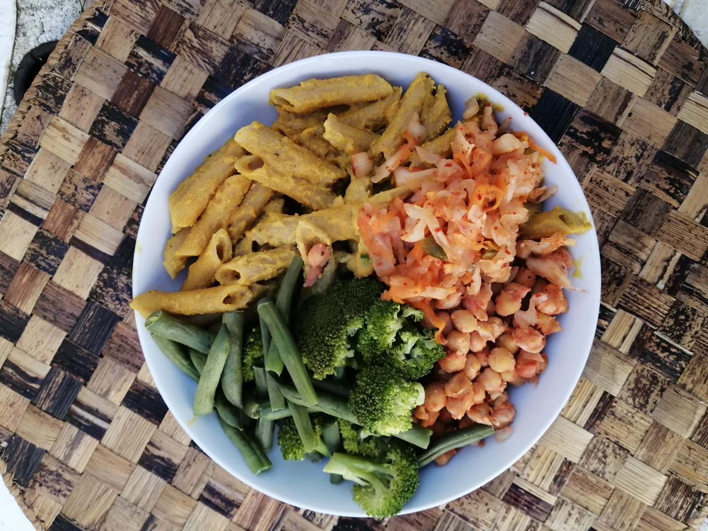 I call it "mac 'n greens" and it's one of my favourite lunches to batch cook for the week. Wholewheat pasta, "cheese" sauce, blanched green veg, chickpeas and homemade kimchi-style kraut