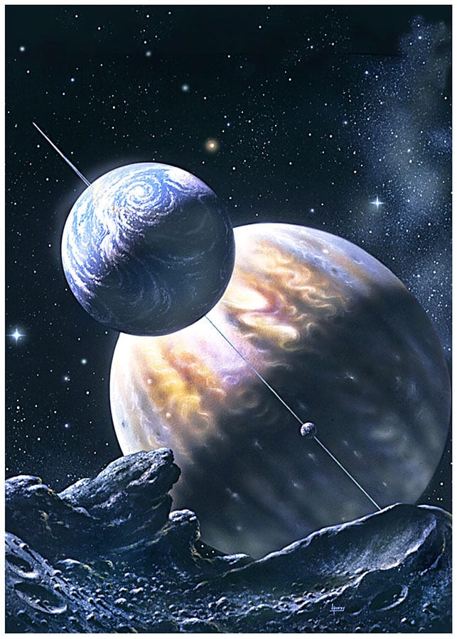 Art by David A Hardy, depicting an Earthlike moon orbiting a gas-giant planet