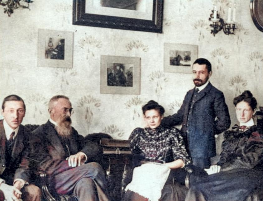 Stravinsky and Rimsky-Korsakov (seated together on the left) in 1908 [Colorized]