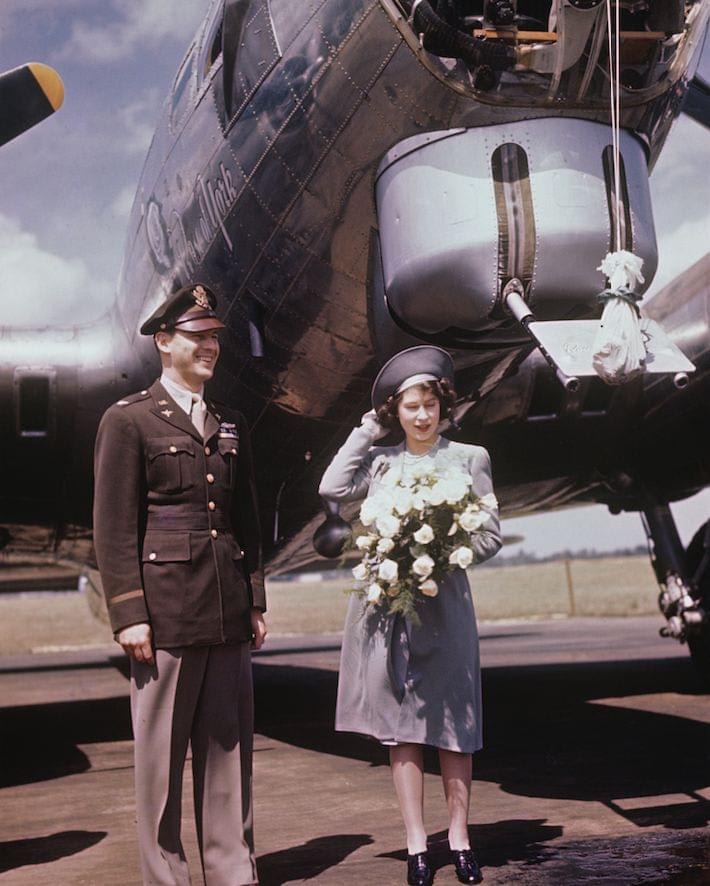Princess Elizabeth (now HM The Queen) christens the B-17 bomber “Rose of York”, named in her honour, July 1944. The bomber flew 62 missions before being lost in February 1945 px]