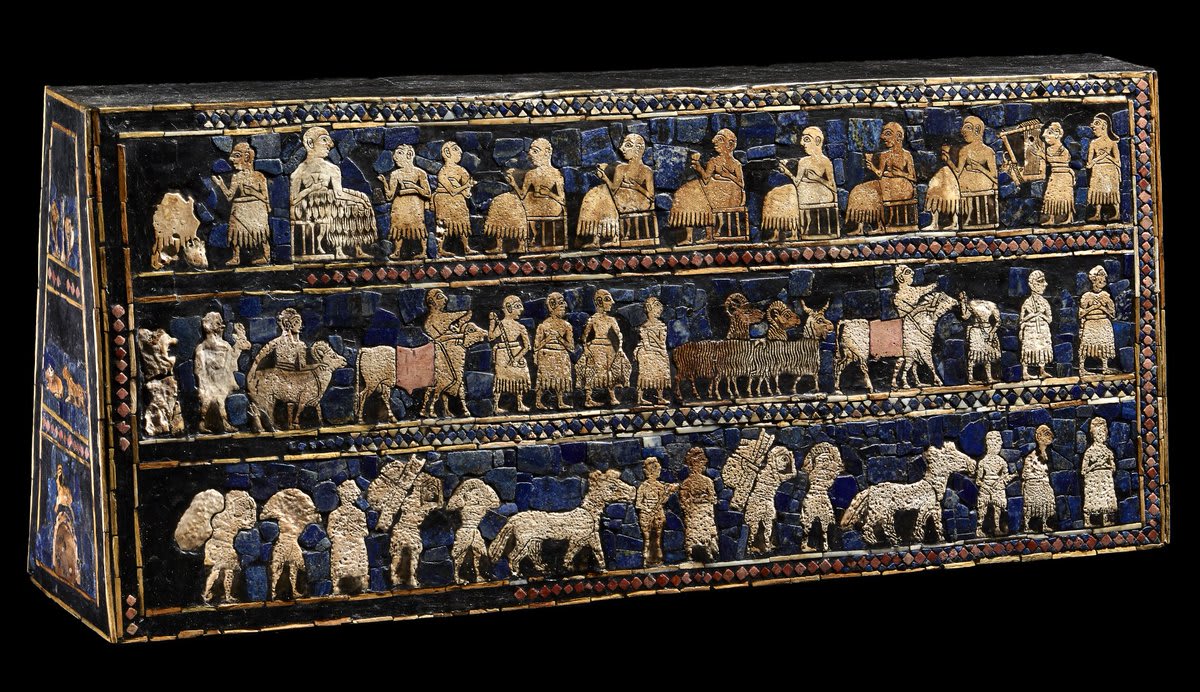 Decorated with mosaics made from shell, red limestone and lapis lazuli, the Standard of Ur illustrates what life was like in Mesopotamia over 4,000 years ago. One panel depicts a battle, and the other shows celebratory banquet