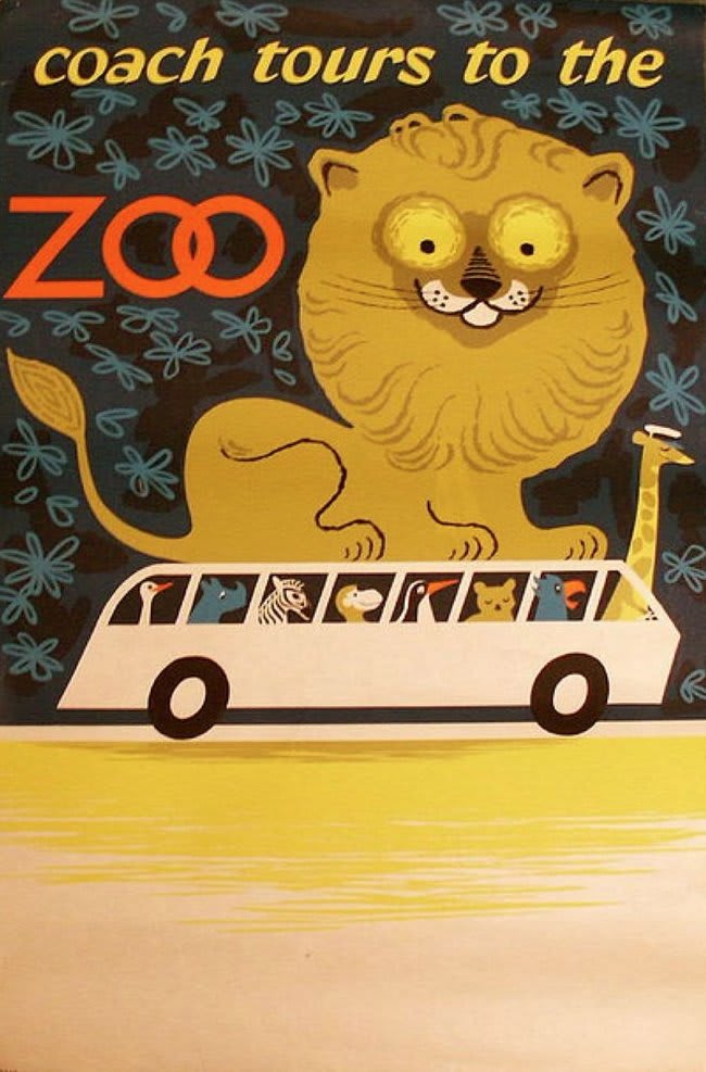 Visit the zoo by coach. 1950s travel poster by Daphne Padden.