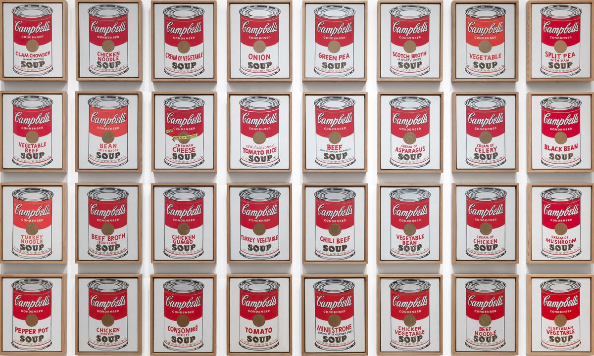 Andy Warhol's daily meal is the subject of his 32-part work—1 canvas for each flavor then sold by Campbell’s. Explore how Pop artists mined consumer culture in the MoMACollection gallery From Soup Cans to Flying Saucers: https://t.co/l4pFxaG0AK Warhol, Campbell's Soup Cans