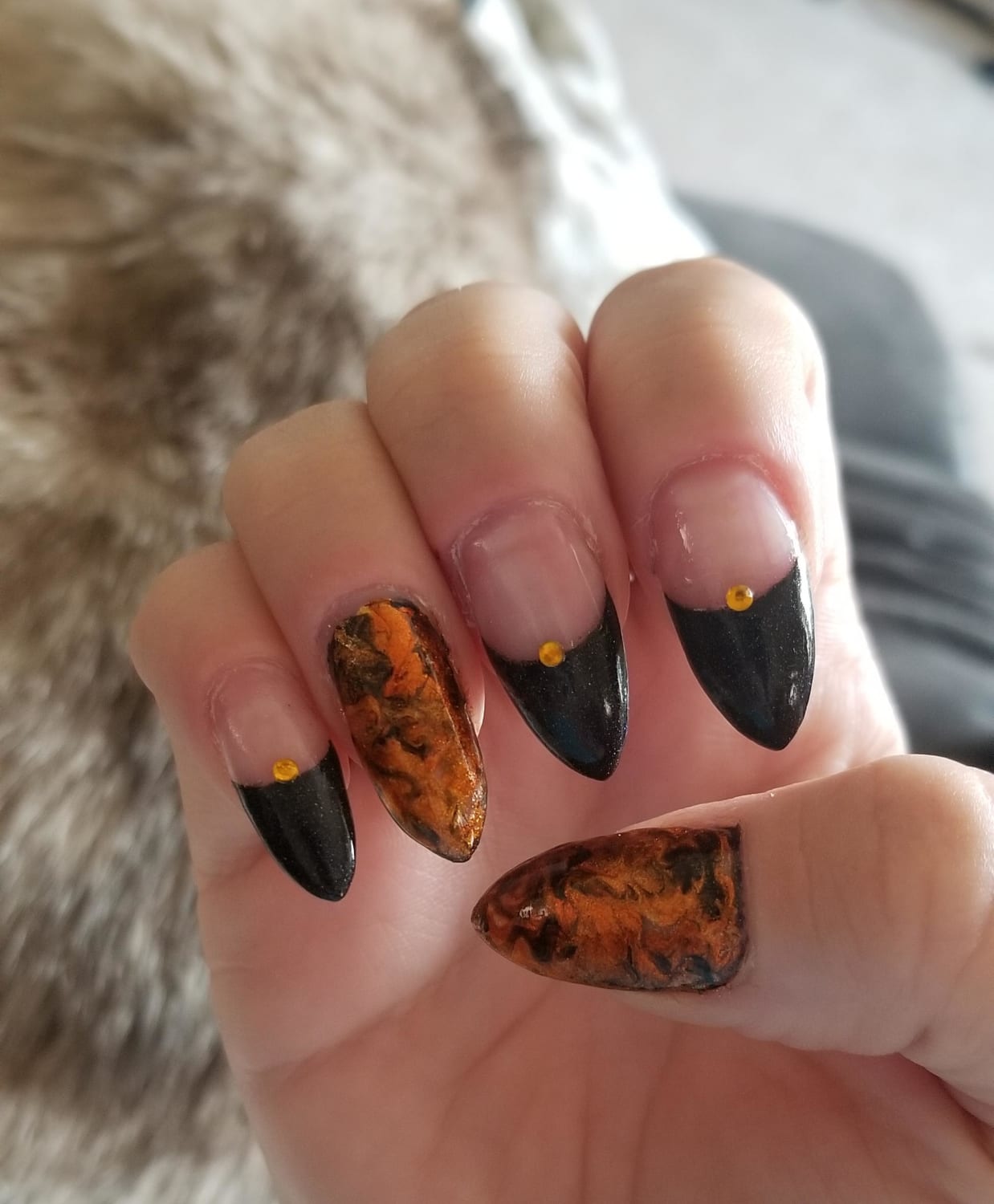 When you want spooky season now! Hot Topic "Midnight Galaxy", Kleancolor "Metallic Yellow", and Kleancolor "Metallic Orange" with generic rhinestones from Wish