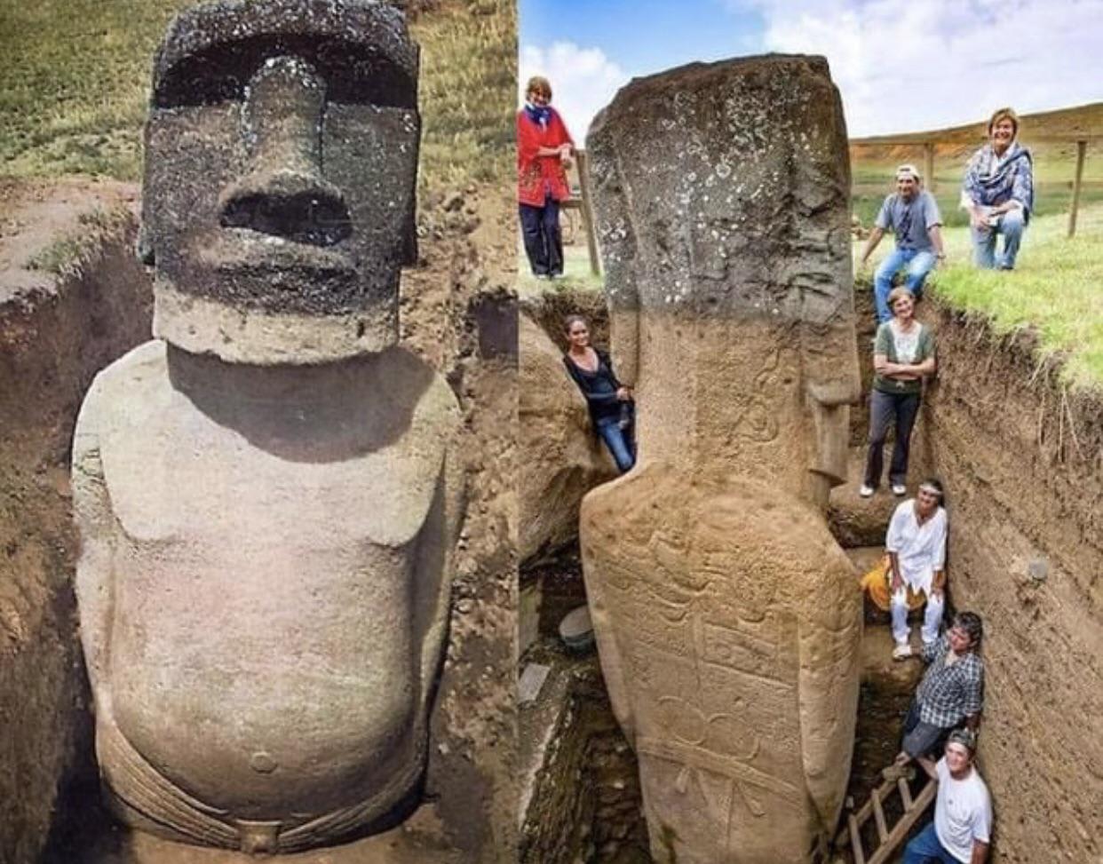 The buried bodies of the iconic Easter Island moai basalt statues, built by the Rapa Nui people between 1250-1500 CE, with petroglyphs carved on their back.