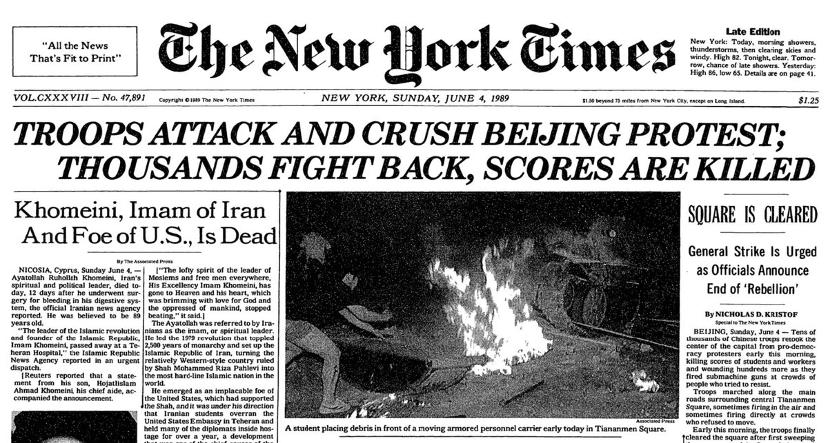 Today marks 30 years since the Tiananmen Square massacre. The Times reported that Chinese troops killed scores of pro-democracy protesters as they retook the center of the capital.