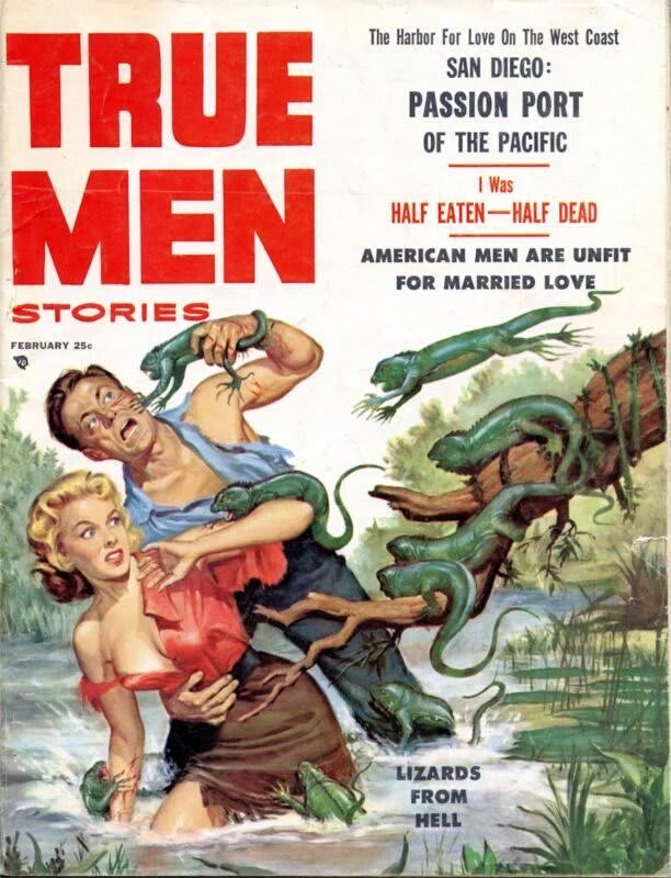 Many readers have asked me "Why do so many pulp covers feature women in ripped red blouses standing in swamps while a man who looks a bit like David Bowie fights off an unusual animal attack?" The answer is: pulp artist Wil Hulsey...