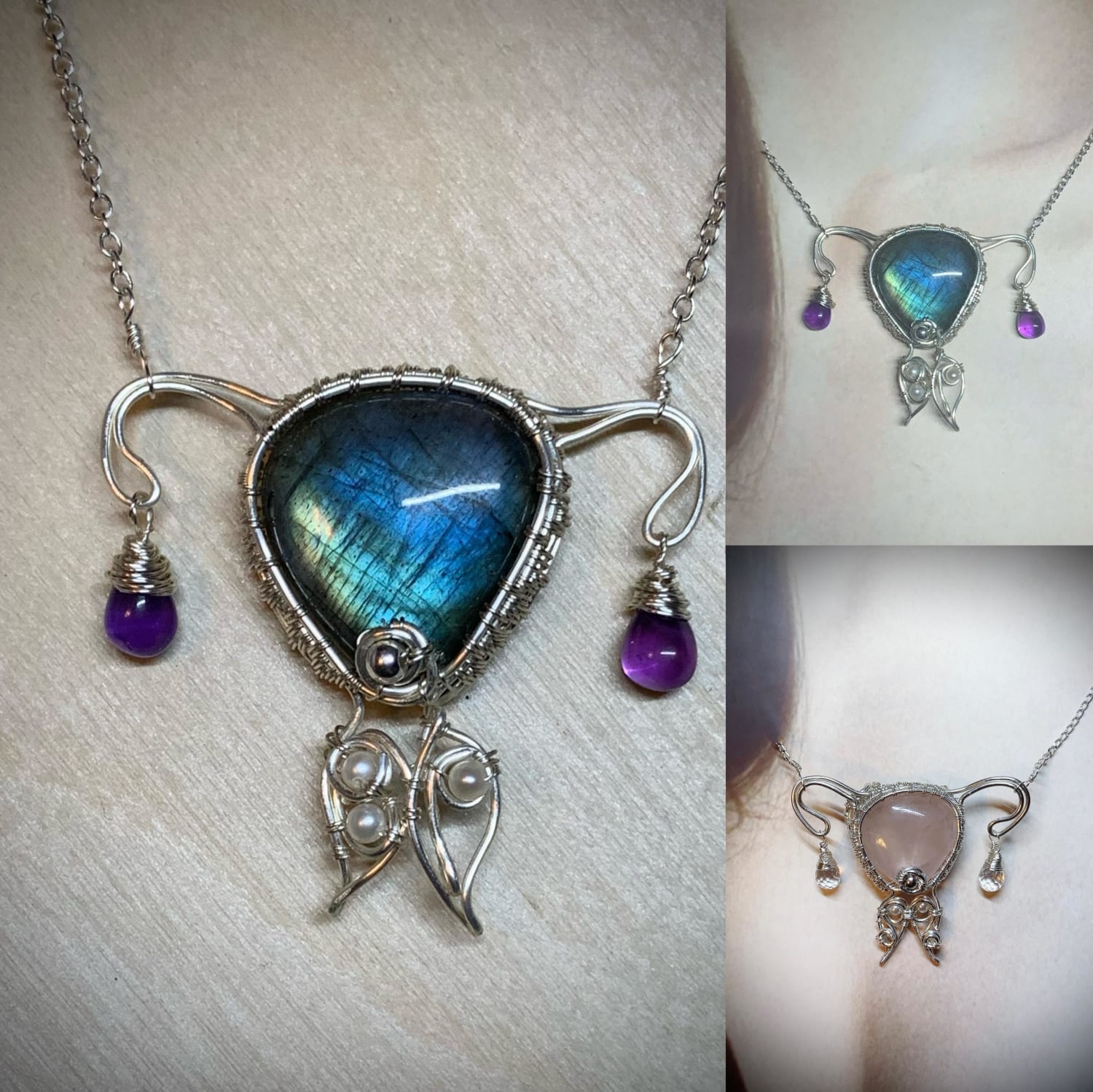 I made these uterus necklaces with sterling silver wire, labradorite, pink quartz, amethyst, clear quartz, and freshwater pearls.