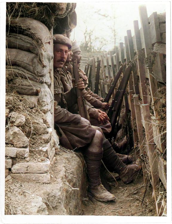 Highlanders and Indian Dogras in a trench, France, August 1915, WW1 [colourized]