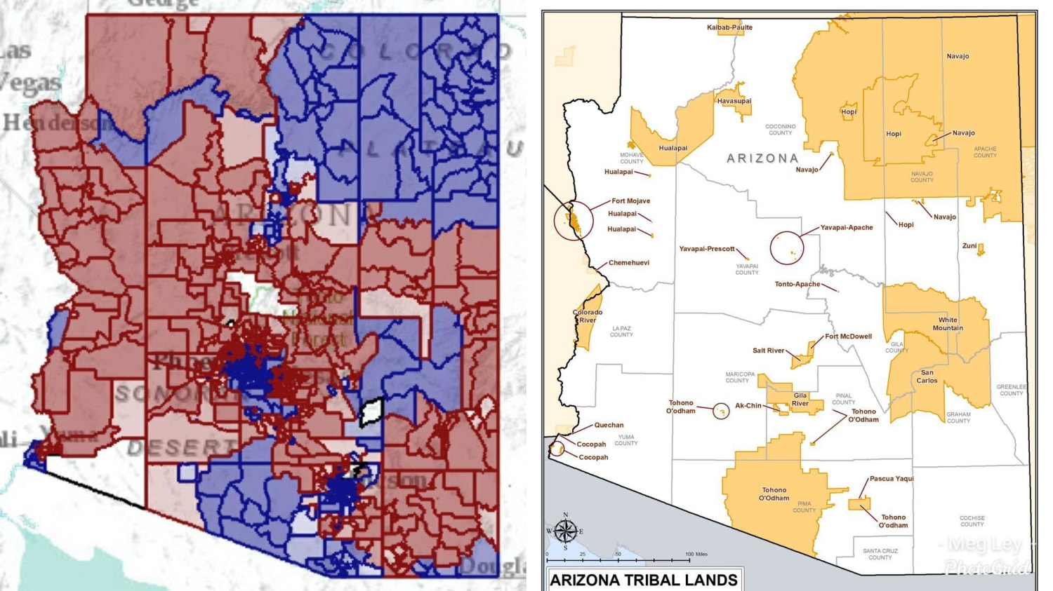 Arizona voting precincts and Arizona Native American reservations.