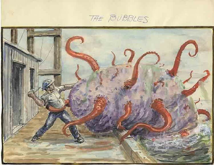 madscienceistclub: Willis O’Brien’s concept art for an unproduced film called The Bubbles, featuring “bubble-like creatures in Baja, California that devour everything in their path.”