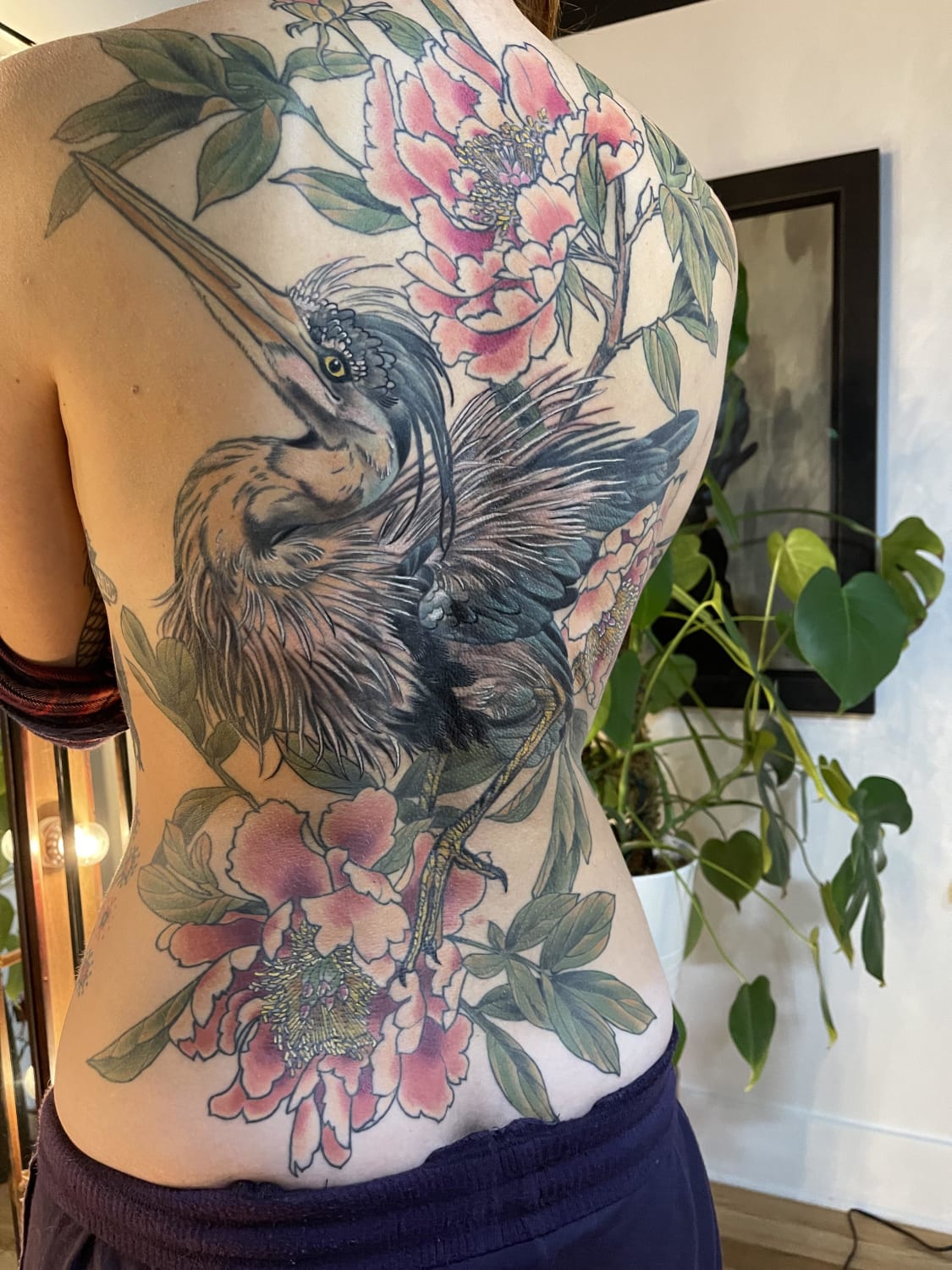 blue heron and itoh peonies by Cecelia at Wonderland Tattoo in Portland Oregon