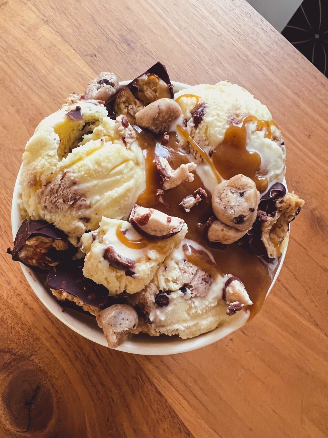 [homemade] Midnight munchies- Malted ice cream with salted caramel swirl, cookie dough, malteasers, and pretzel/potato chip peanut butter cups.