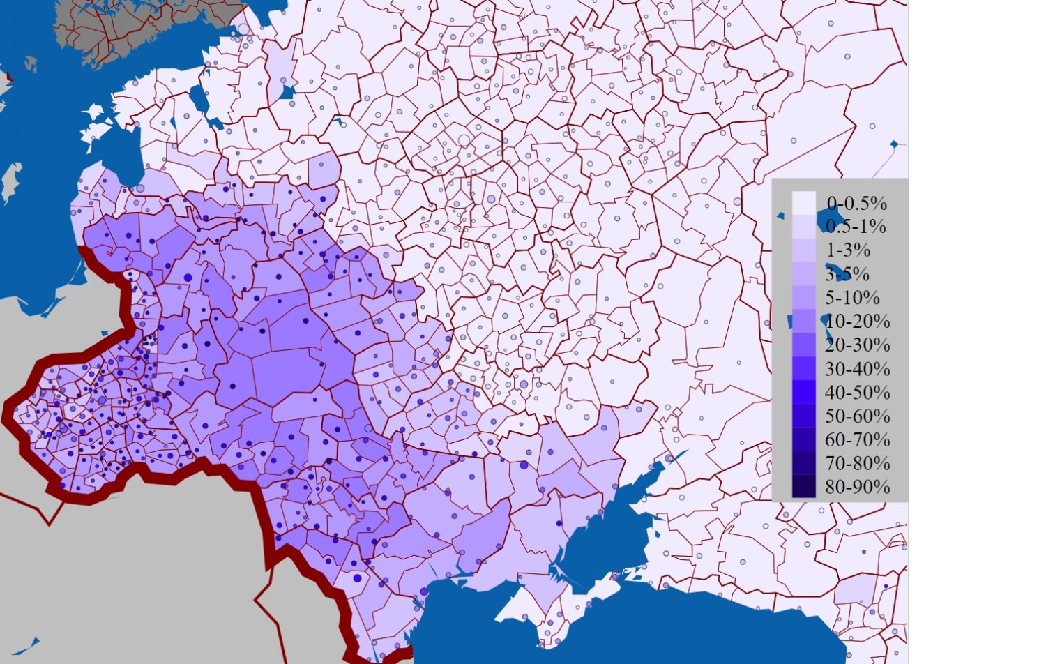 % Population of the Russian Empire that spoke Yiddish (Judeo-Germanic language) in 1897