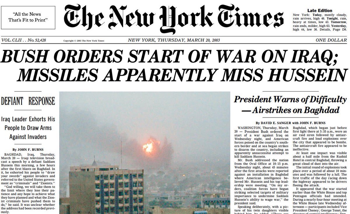President George W. Bush announced the start of a war against Iraq, 15 years ago today. Addressing the nation at 10.15pm, the president confirmed that airstrikes on Baghdad had begun.