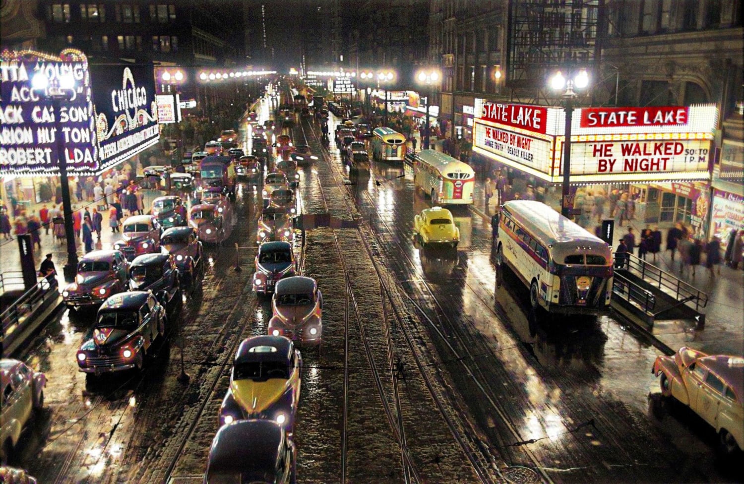 1949 Theatre Traffic on State Street (Photo by Stanley Kubrick for Look Magazine) (Colorized)